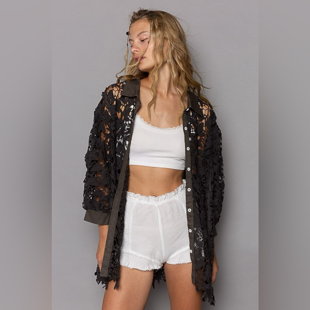 Pre loved Lace Crochet Balloon Sleeve Button Down Shirt in Ink Charcoal small - Picture 2 of 4